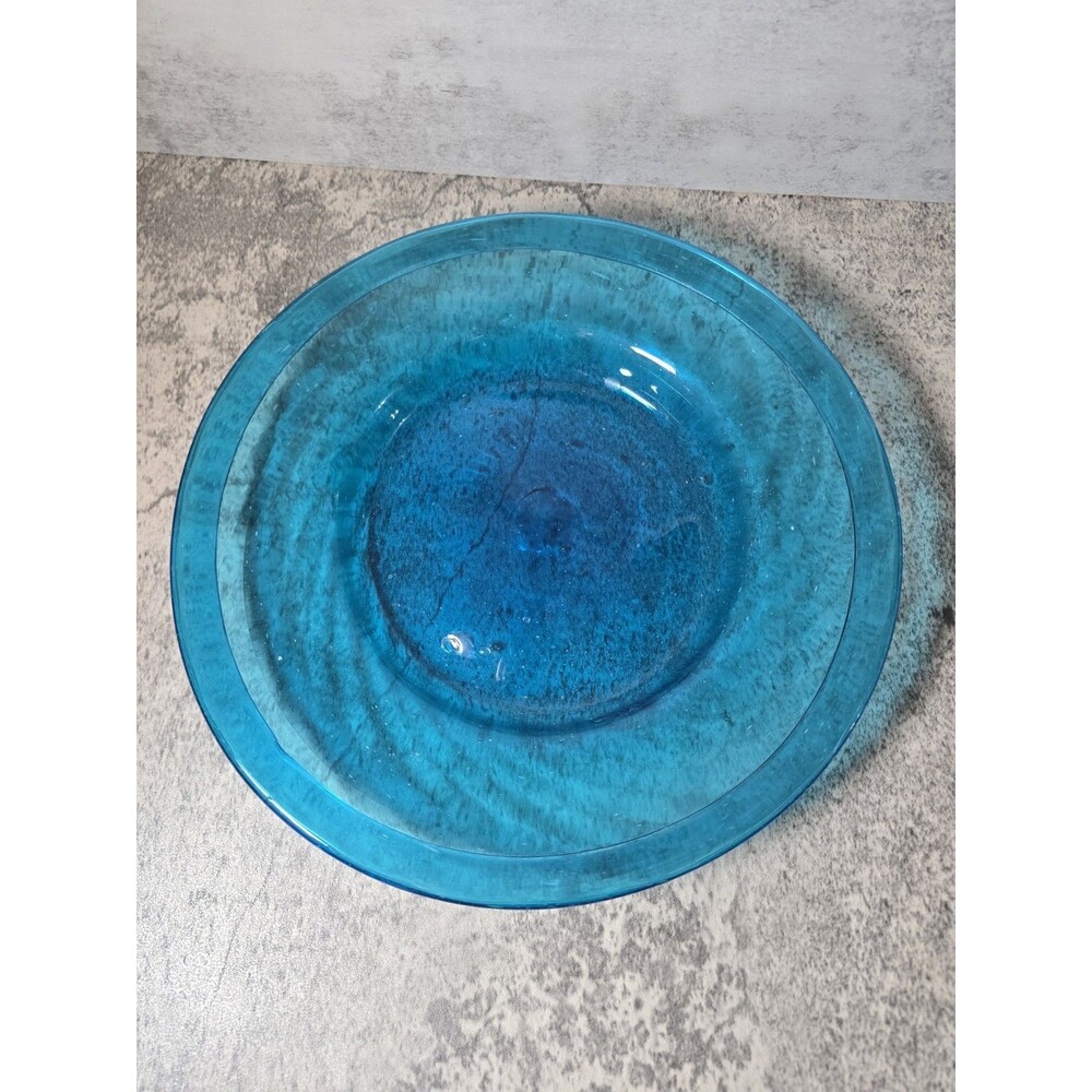 RARE 10” Blown Aqua Blue Glass Shallow Bowl With  Optic Swirl/Folded Rim Vintage